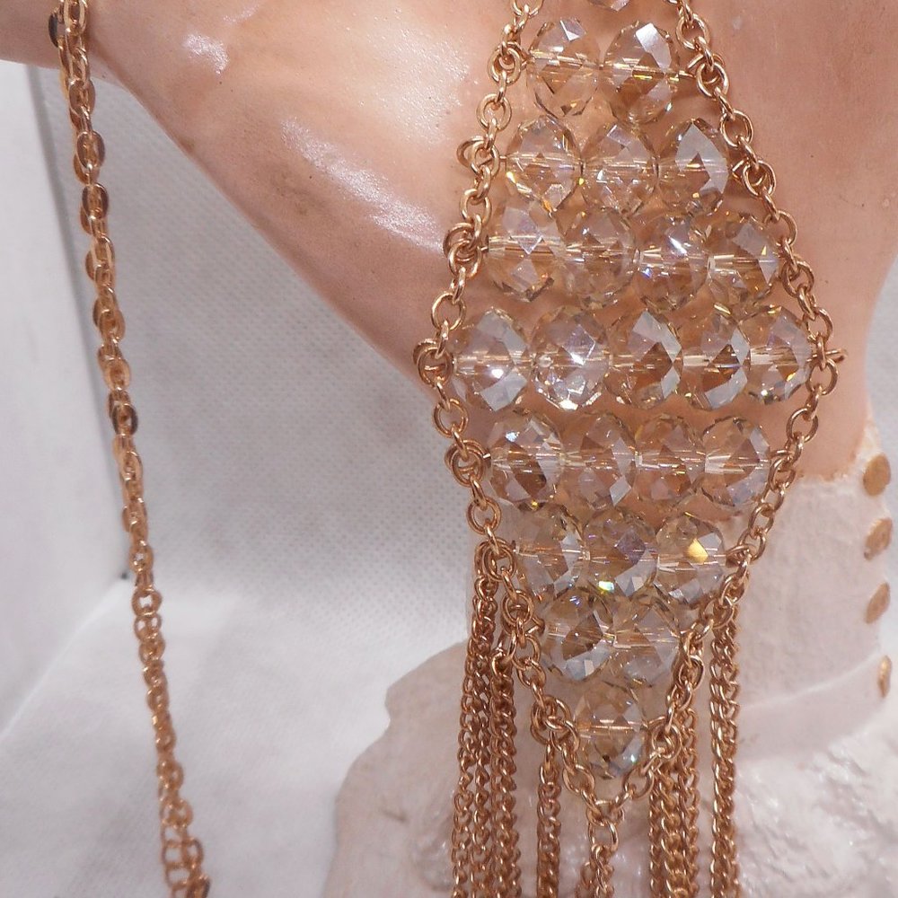 NEW Large Gold Tone Crystal Dazzle Drop Necklace with Tassels and 24" Necklace!